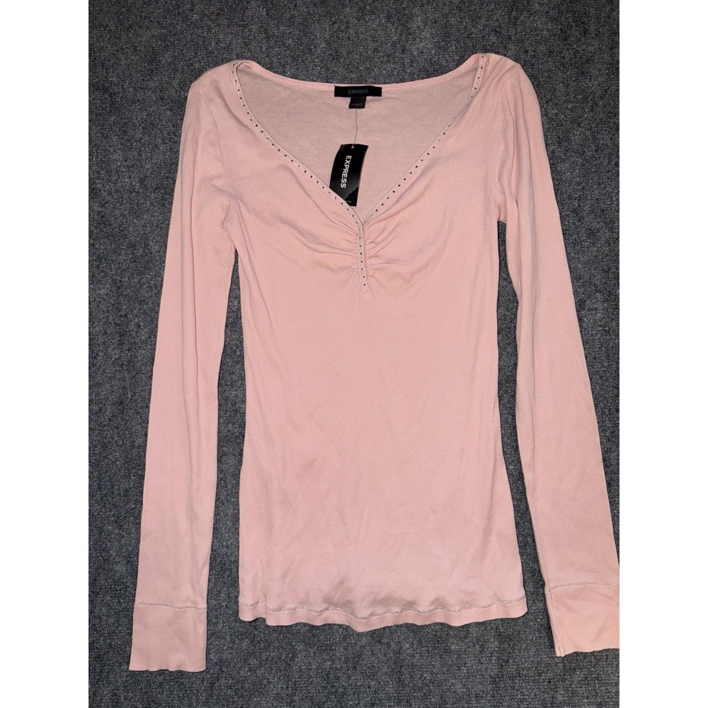 NWT Express Pink Rhinestone Ribbed Long Sleeve Top Coquette Y2K size L